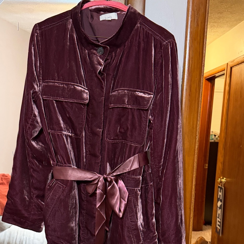 Loft Plum Velvet Utility Jacket with Tie Waist